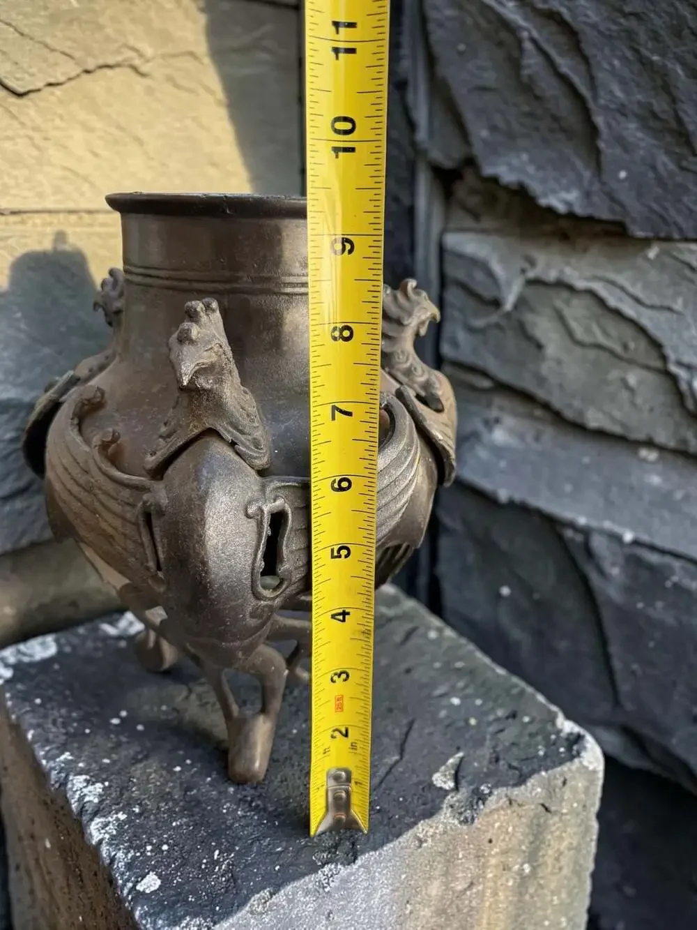Antique Japanese Bronze Usubata Ikebana Flower Vase with Phoenix Legs